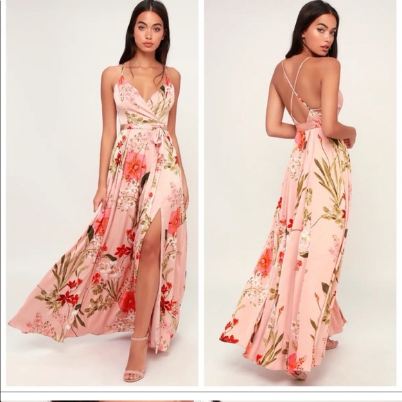 Lulus Dresses & Skirts - NWOT Still the One Blush Pink Floral Print Satin Maxi Dress
